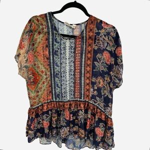 LOGO by Lori Goldstein boho mixed print floral sheer peplum v neck top Size S